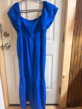 Moosta Cobalt Blue Flutter Sleeve Tiered Maxi Dress - Large